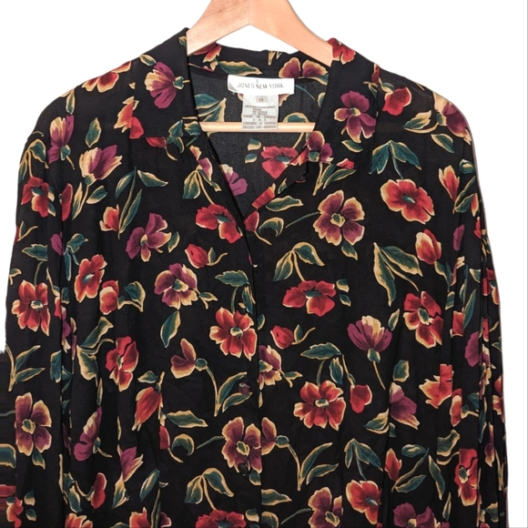 Vintage NWT Jones New York Vienna Long Sleeve Button Front Floral Emerald Blouse - Picture 2 of 8